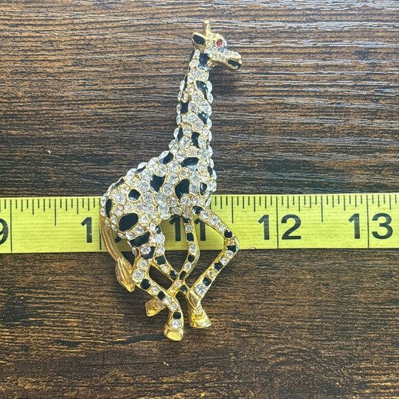 Gold Tone White Crystal & Black Enamel Giraffe Brooch Size 3.5" Length - Picture 10 of 11